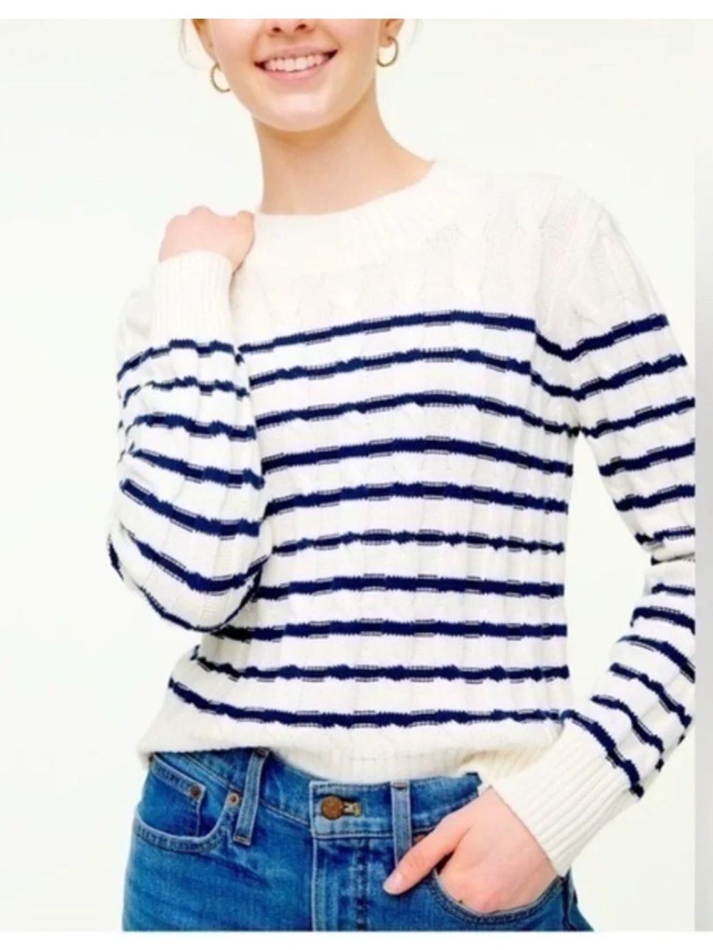 J.Crew Women’s cable mockneck sweater Off white Striped preppy cable knit nautic